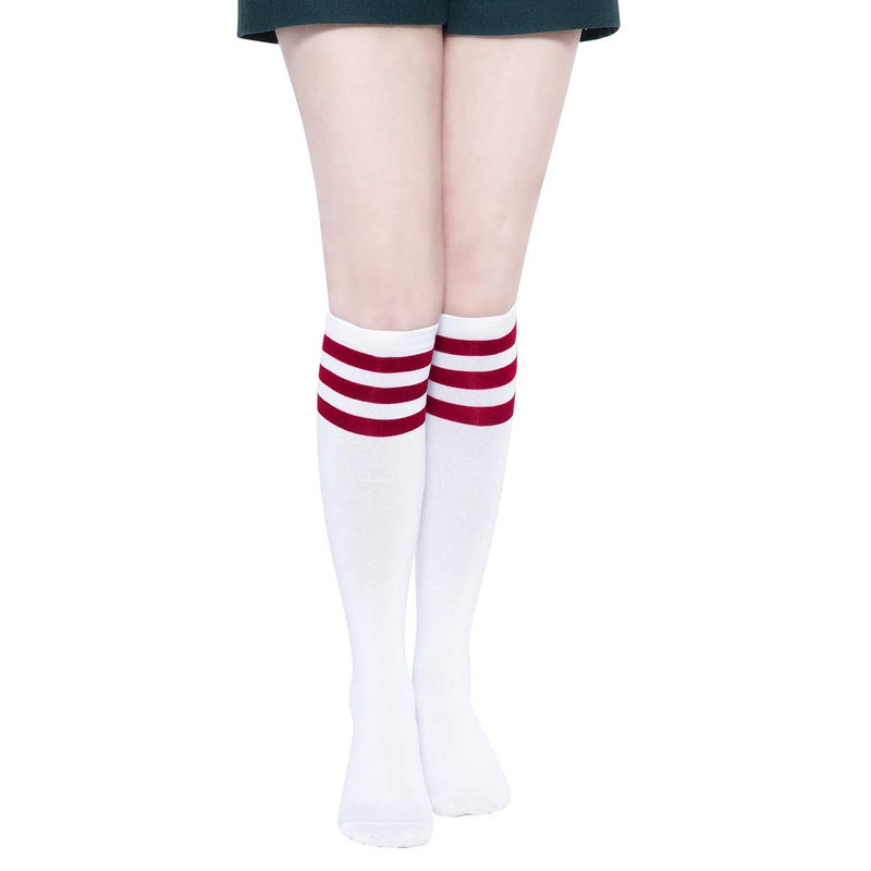 YEJIMONG Knee High Socks for Women â€“ 4 Pairs Bright Striped Cotton Long Socks for Fashion & School, White Multi Stripe, Size 6-10 (White(Red/Black/Purple/Green)) - Image 2